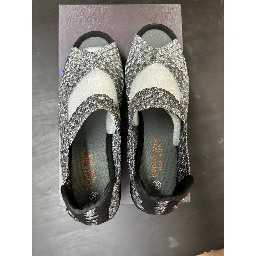 Bernie Mev Halle Pewter Woven Elastic Wedge Sandals Womens Size 36 US 5-5.5
